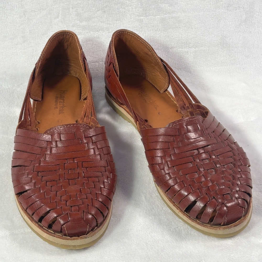 Bearpaw Huaraches Woven Leather Flat Sandals Cognac Brown Women Size 9